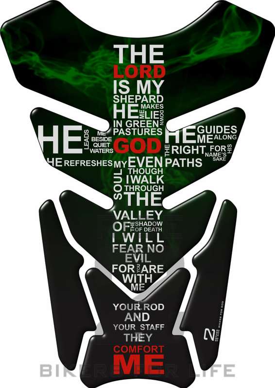 Motor Bike Tank Pad. Religious Range. Jesus crucifix  Psalm 23 Green. Universal Fit. Christian ta...