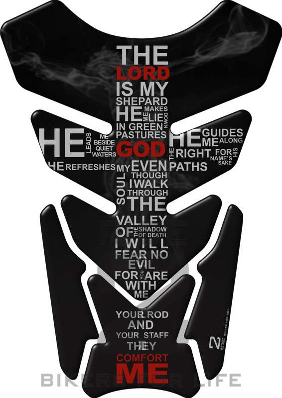 Motor Bike Tank Pad. Religious Range. Jesus crucifix  Psalm 23 Black and Silver. Universal Fit. C...