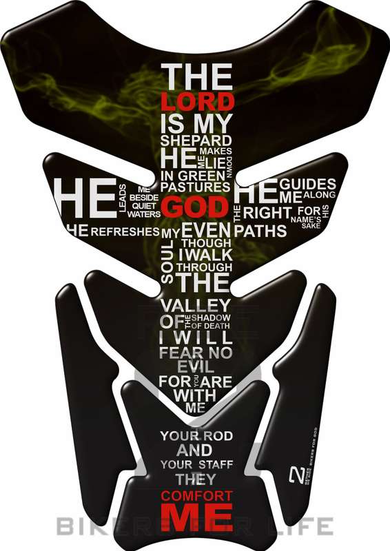 Motor Bike Tank Pad. Religious Range. Jesus crucifix  Psalm 23 yellow. Universal Fit. Christian t...