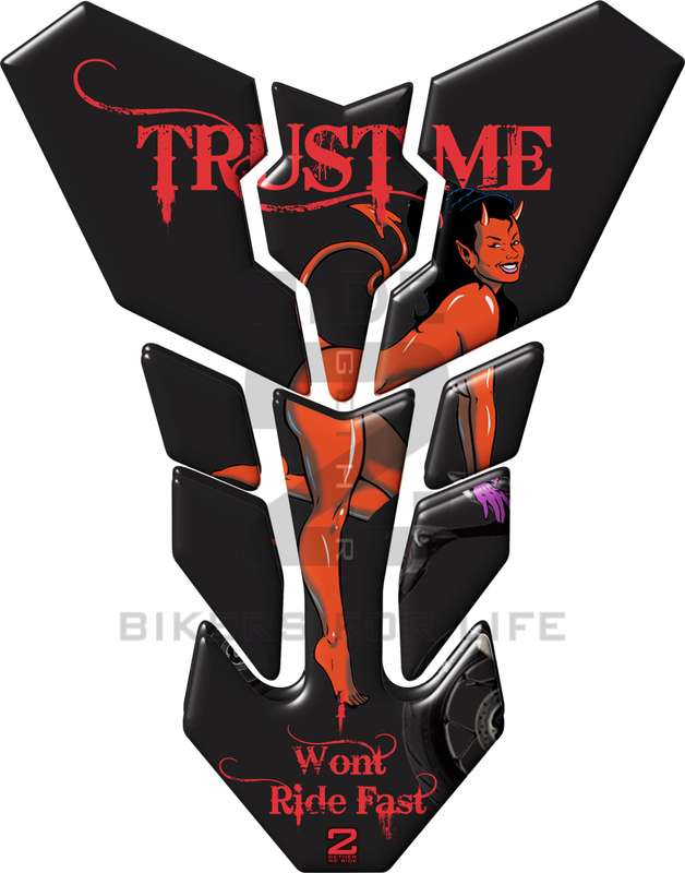 Universal Fit Black Trust Me She Devil Motor Bike Tank Pad Protector. A Street Pad which fits mos...