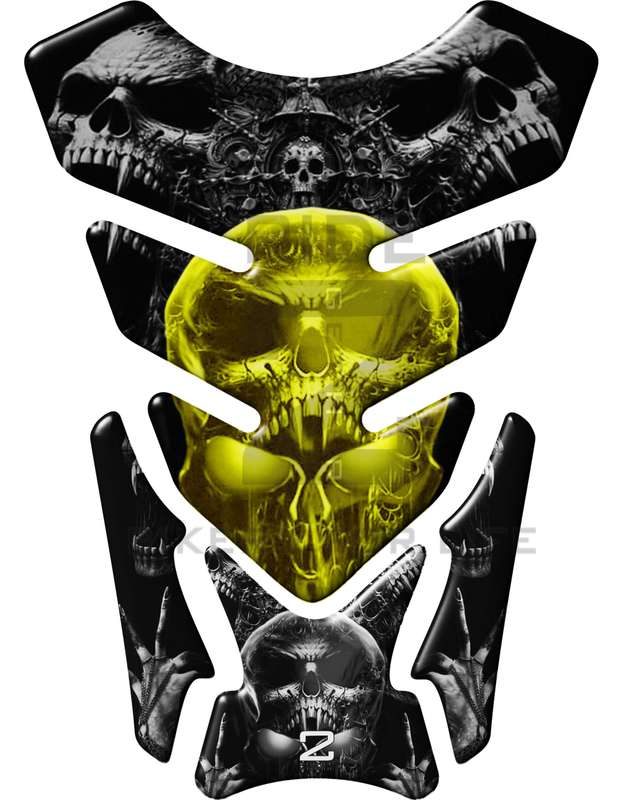 Universal Fit Yellow Bling Skull Motor Bike Tank Pad Protector. A Street Pad which fits most moto...