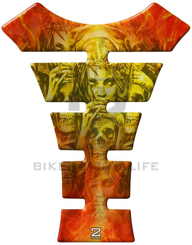Universal Fit Yellow Crucifix Skull Motor Bike Tank Pad Protector. A Street Pad which fits most m...