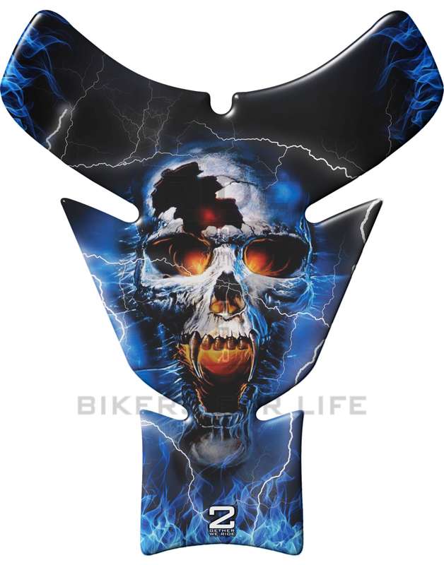 Universal Fit Blue Thunder Flaming Skull Motor Bike Tank Pad Protector. A Street Pad which fits m...