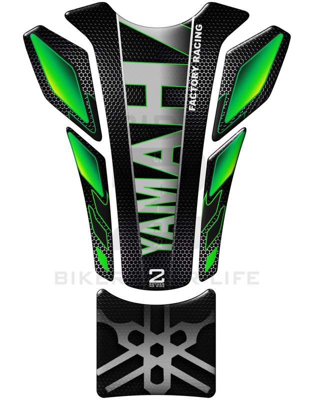 Yamaha Factory Racing Green, Silver and Black Carbon Fibre. Universal Fit Motor Bike Tank Pad Pro...