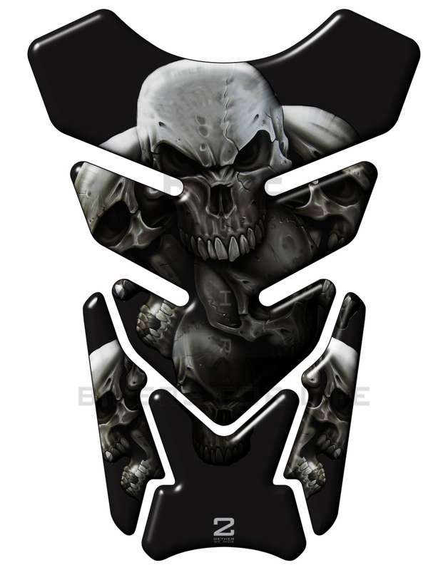 Universal Fit Black and Silver 5 Skull Tank Pad Protector. A street pad which fits most models.