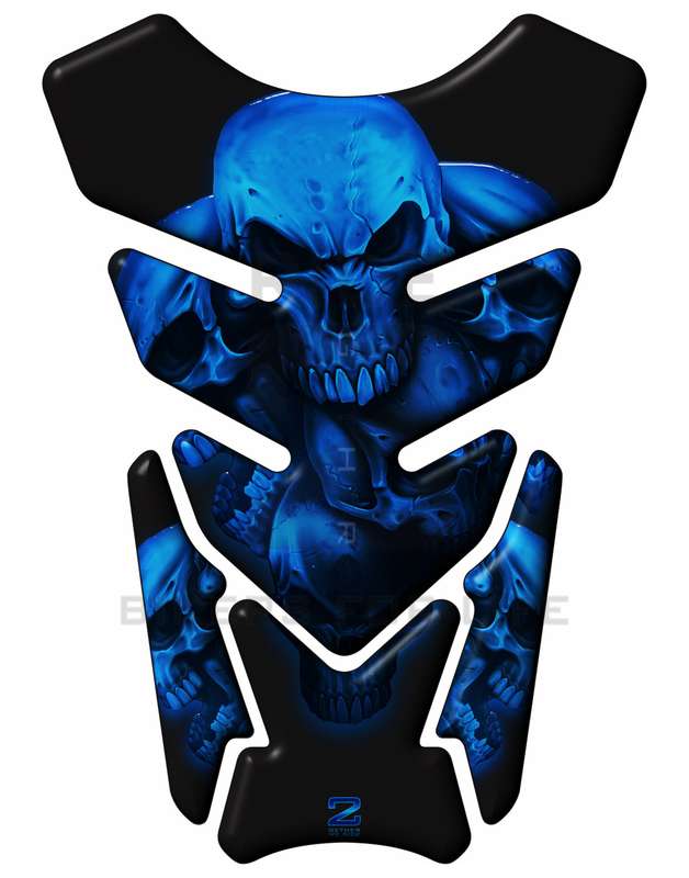Universal Fit Blue and Black 5 Skull Tank Pad Protector. A street pad which fits most models.