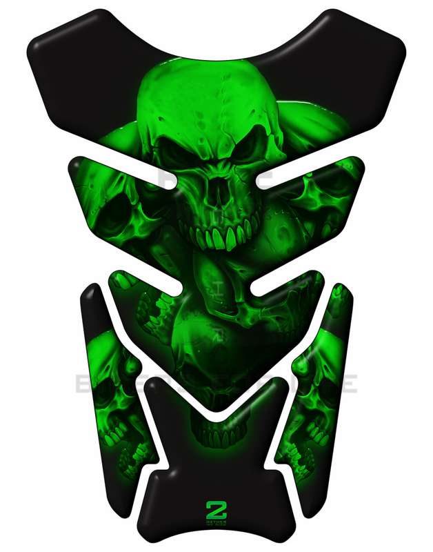 Universal Fit Green and Black 5 Skull Tank Pad Protector.A street pad which fits most models.