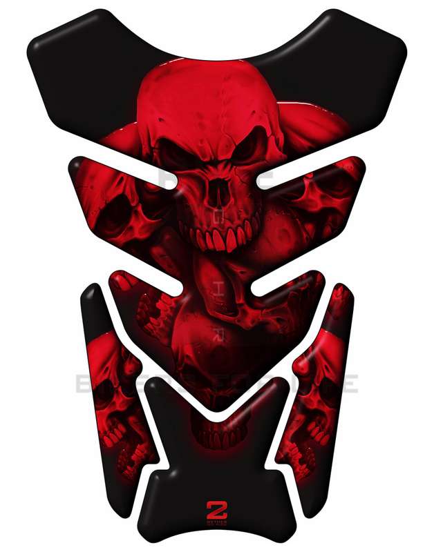 Universal Fit Red and Black 5 Skull Tank Pad Protector. A street pad which fits most models.