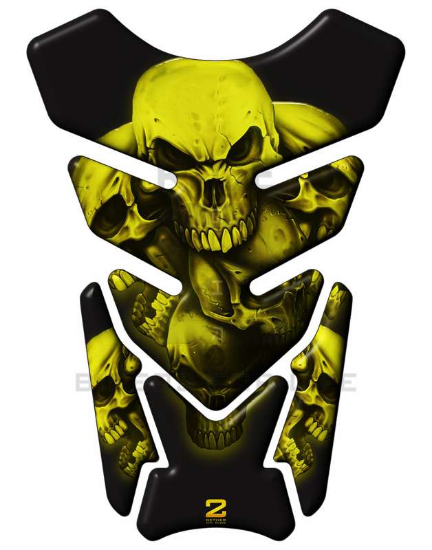 Universal Fit Yellow and Black 5 Skull Tank Pad Protector. A street pad which fits most models.