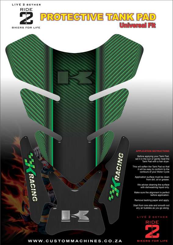 Kawasaki K Racing Green and  Black Carbon Fibre Motor Cycle Tank Pad / Protector