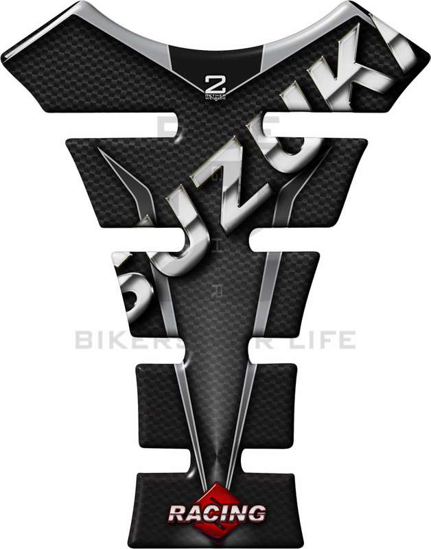 Suzuki Black and Chrome Carbon Fibre Motor Bike Tank Pad Protector. Fits 1990 - 2023 models.