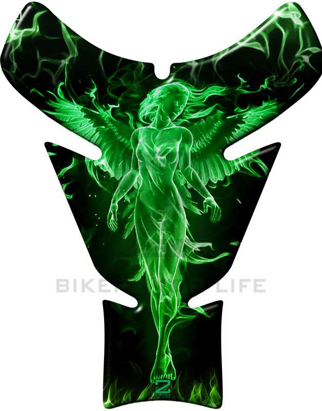 Green and Black Universal Fit Angelic Flaming Tank Pad Protector. A street pad which fits most mo...