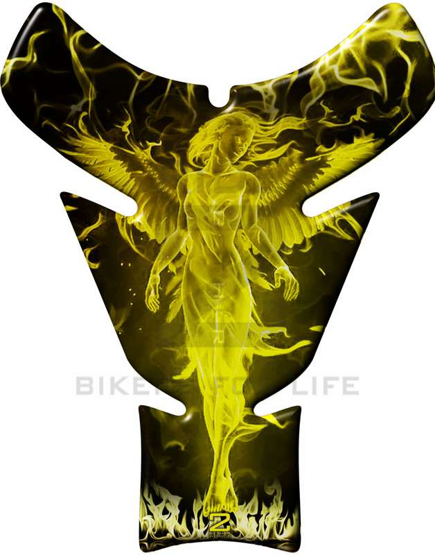 Yellow and Black Universal Fit Angelic Flaming Tank Pad Protector. A street pad which fits most m...