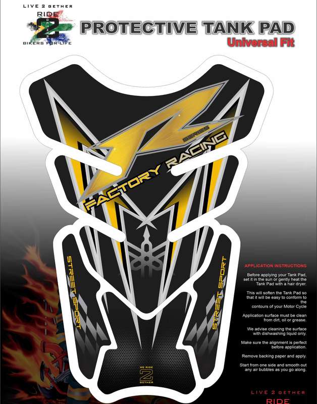 Yamaha Yellow, Black, and Chrome Silver Grey Standard R Series Tank Pad Protector. Fits most R se...