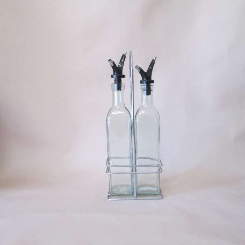 Tall Square Oil & Vinegar Bottles with Pourers on Stainless Steel Stand