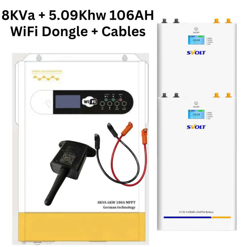 8KVA / 6000W FIVESTAR Hybrid Inverter + 2 x 5.09kWh SVOLT Lithium Batteries + WiFi Dongle plus Ca...