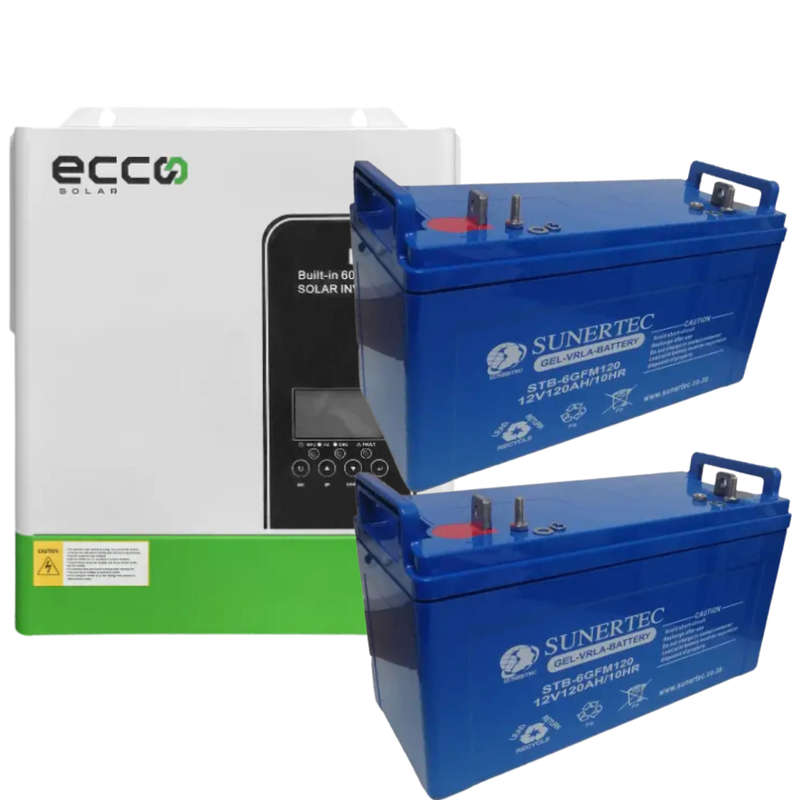 ECCO 3.5KVA / 3500W MPPT 60A PURE SINE WAVE 3500 WATT 2 X 120AH GEL BATTERIES LOAD SHEDDING COMBO