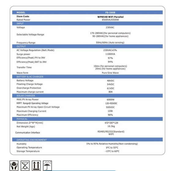 8.5KVA 120A MPPT Wifi Compatible Parallel Hybrid Solar Inverter - FIVESTAR