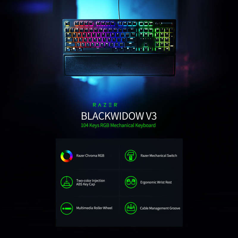 Razer BlackWidow V3 Mechanical Gaming Keyboard 104 Keys Wired Gaming Keyboard with Razer Chroma RGB