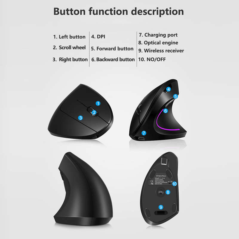 2.4G Wireless Vertical Mouse Rechargeable Upright Ergonomic Mouse 3 Adjustable DPI Levels RGB Flowin