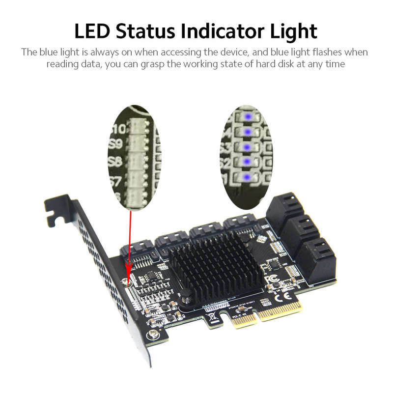 PCI-E 4X to 10 SATA3.0 Adapter Card Desktop Computer Expansion Card with LED Status Indicator Light