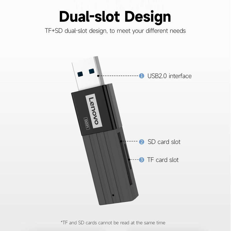 Lenovo D221 USB2.0 Card Reader Portable SD+TF 2-in-1 Card Reader Stable Transmission ABS Shell Suppo