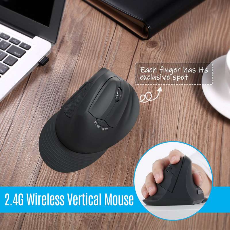 2.4G Wireless Optical Mouse Vertical Mouse 6 Keys Ergonomic Office Mice with 3-gear Adjustable DPI f