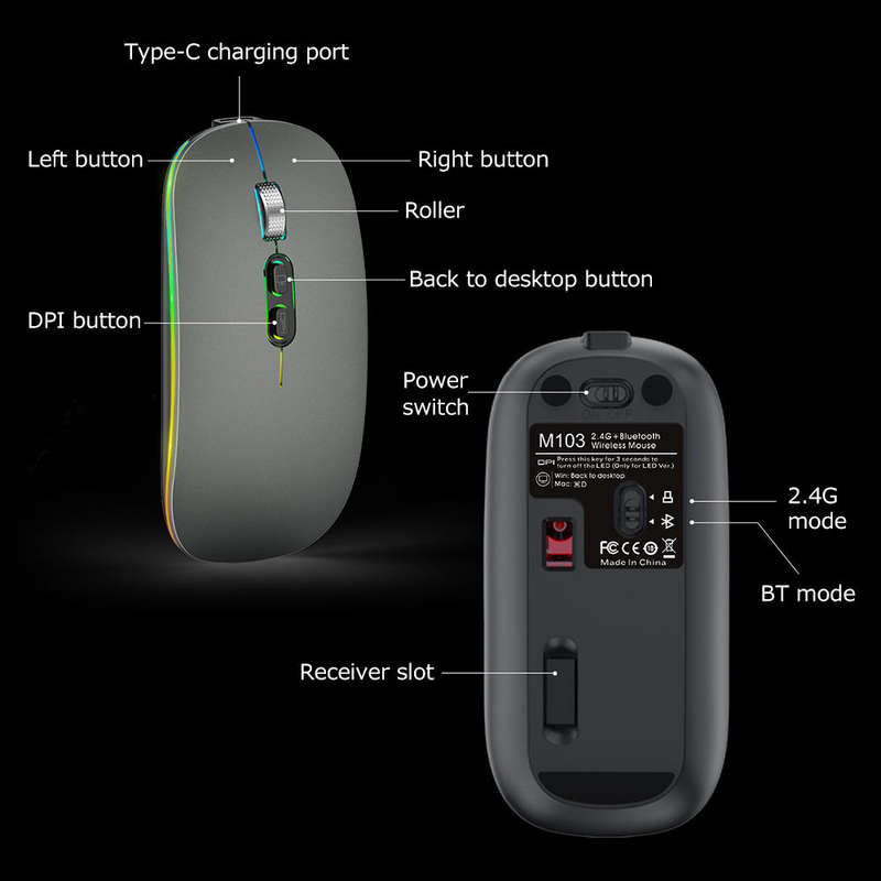 2.4G+BT5.1 Dual-mode Wireless Mouse Ergonomic Mouse 3-gear Adjustable DPI Built-in 500mAh Rechargeab