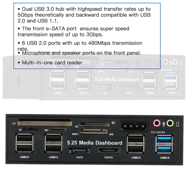 Multi-Function USB 3.0 Hub eSATA SATA Port Internal Card Reader PC Dashboard Media Front Panel Audio
