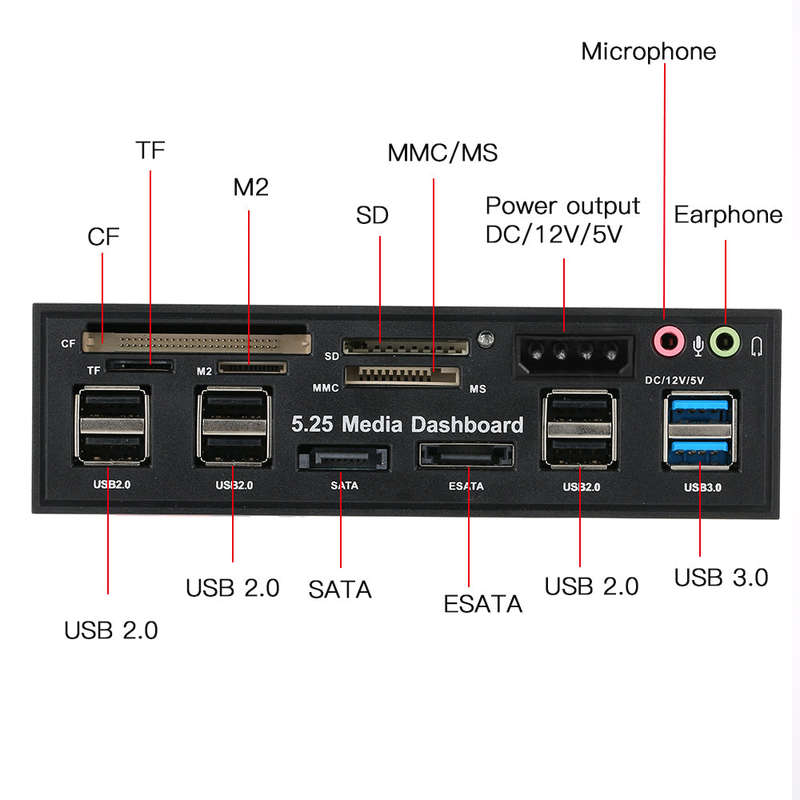 Multi-Function USB 3.0 Hub eSATA SATA Port Internal Card Reader PC Dashboard Media Front Panel Audio
