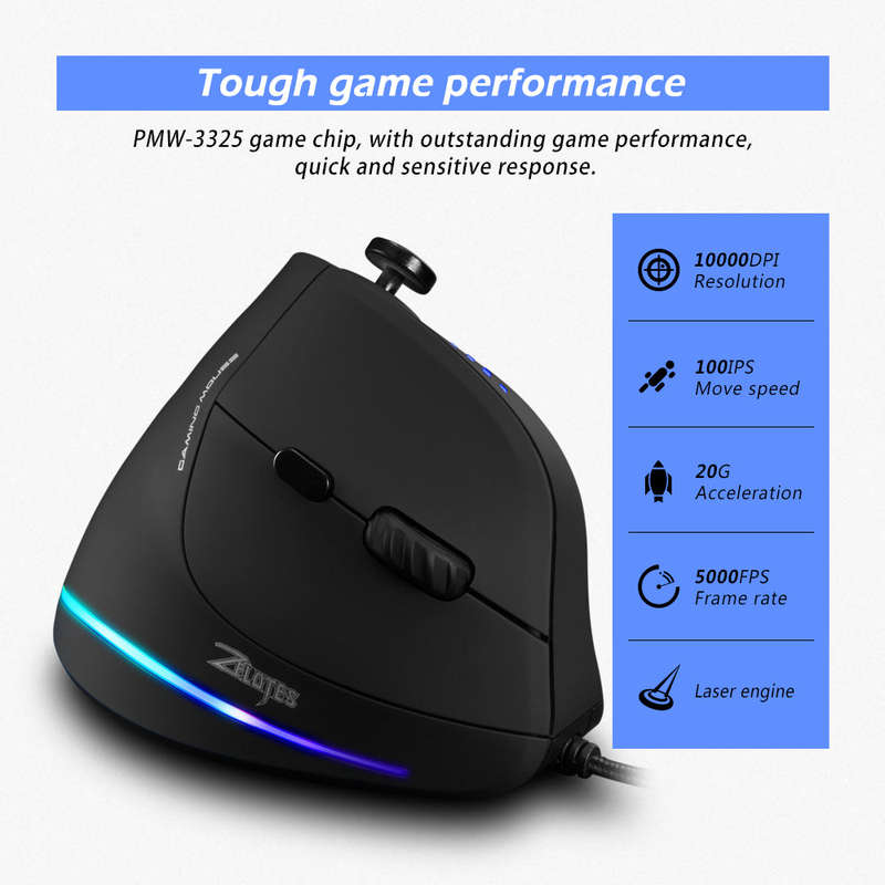 Zelotes C-18 Vertical Wired Gaming Mouse 11 Programmable Buttons Adjustable 10000DPI Laser Engine RG