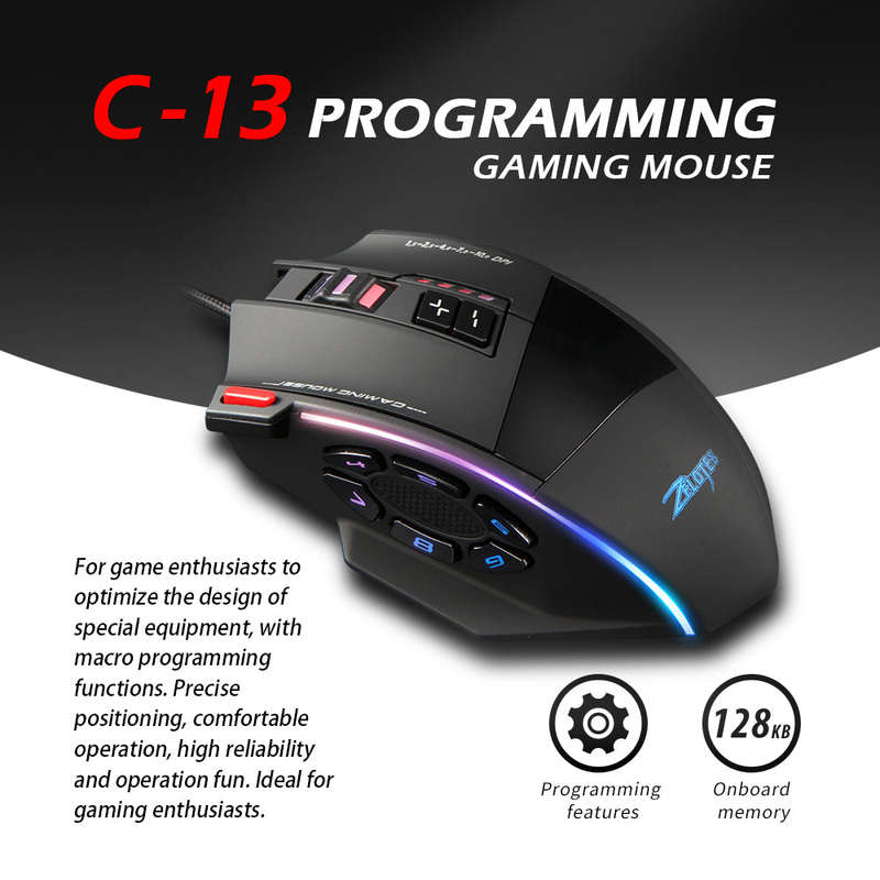 Zelotes C-13 Wired Gaming Mouse 13 Programming Keys Adjustable 10000DPI RGB Light Belt 128KB On-boar