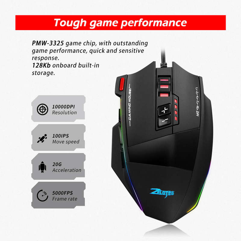 Zelotes C-13 Wired Gaming Mouse 13 Programming Keys Adjustable 10000DPI RGB Light Belt 128KB On-boar