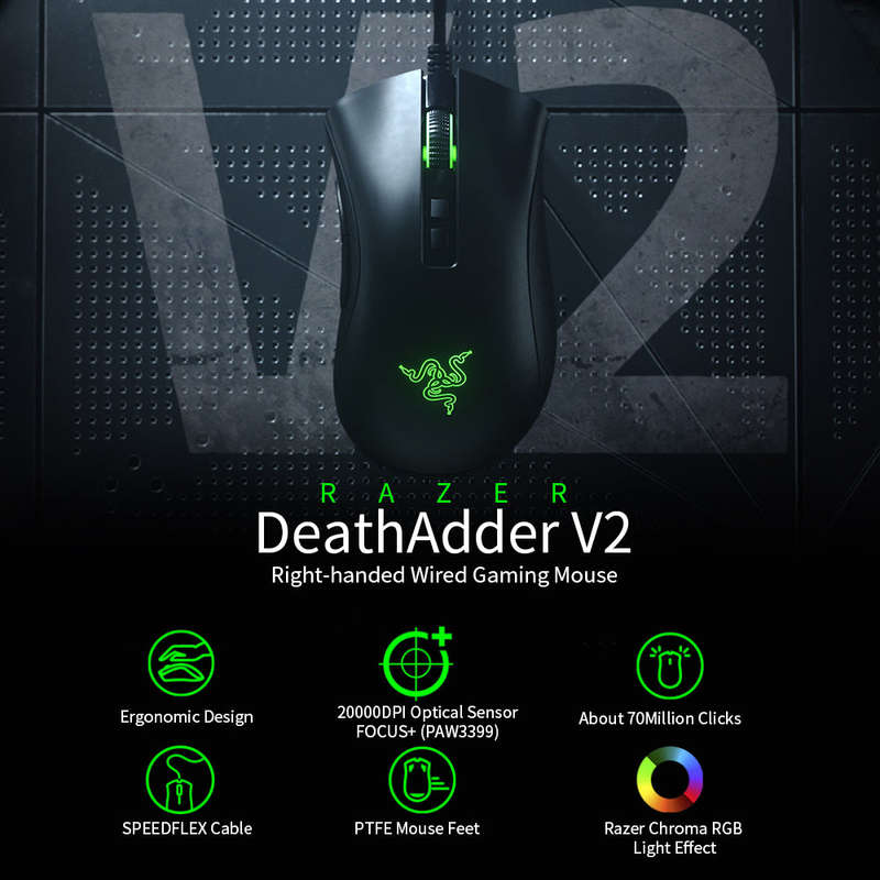 Razer DeathAdder V2 Wired Gaming Mouse 20000DPI Optical Sensor FOCUS+ (PAW3399) Chroma RGB Mice 8 Pr
