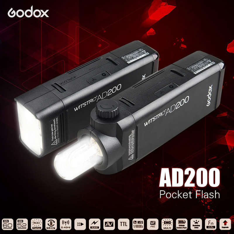 Godox AD200 Pocket Flash Portable Mini TTL Speedlite with 2 Light Heads GN52 GN60 1/8000s HSS Built-