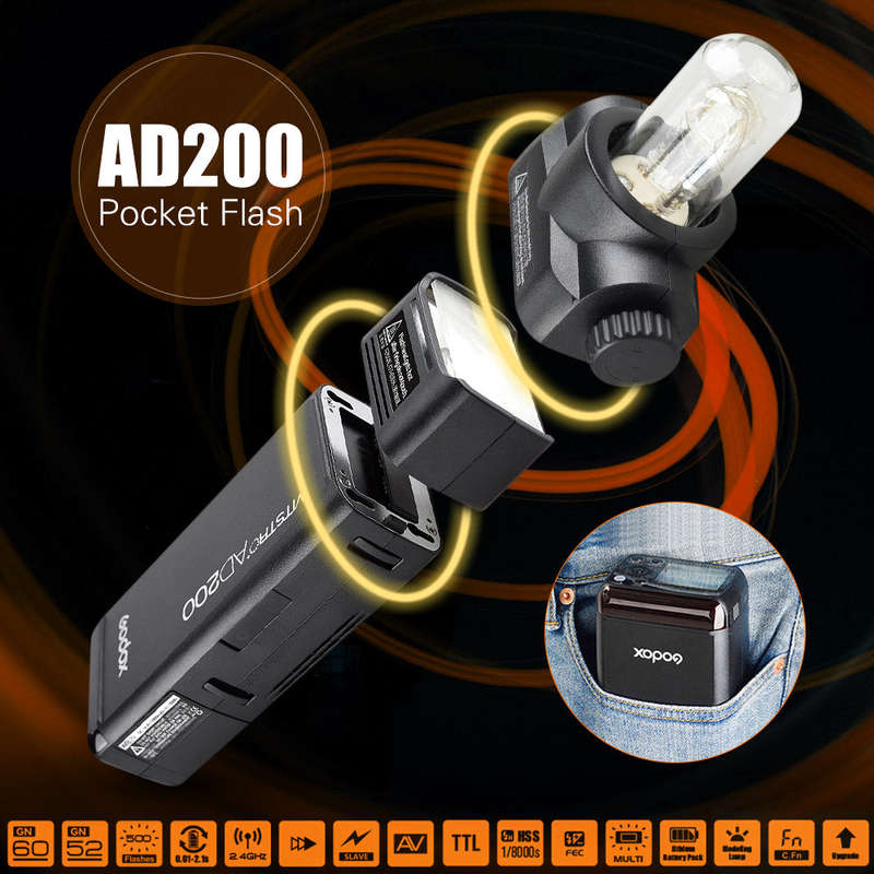 Godox AD200 Pocket Flash Portable Mini TTL Speedlite with 2 Light Heads GN52 GN60 1/8000s HSS Built-