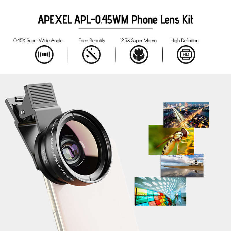 APEXEL APL-0.45WM Phone Lens Kit 0.45X Super Wide Angle & 12.5X Super Macro Lens HD Camera Lenses wi