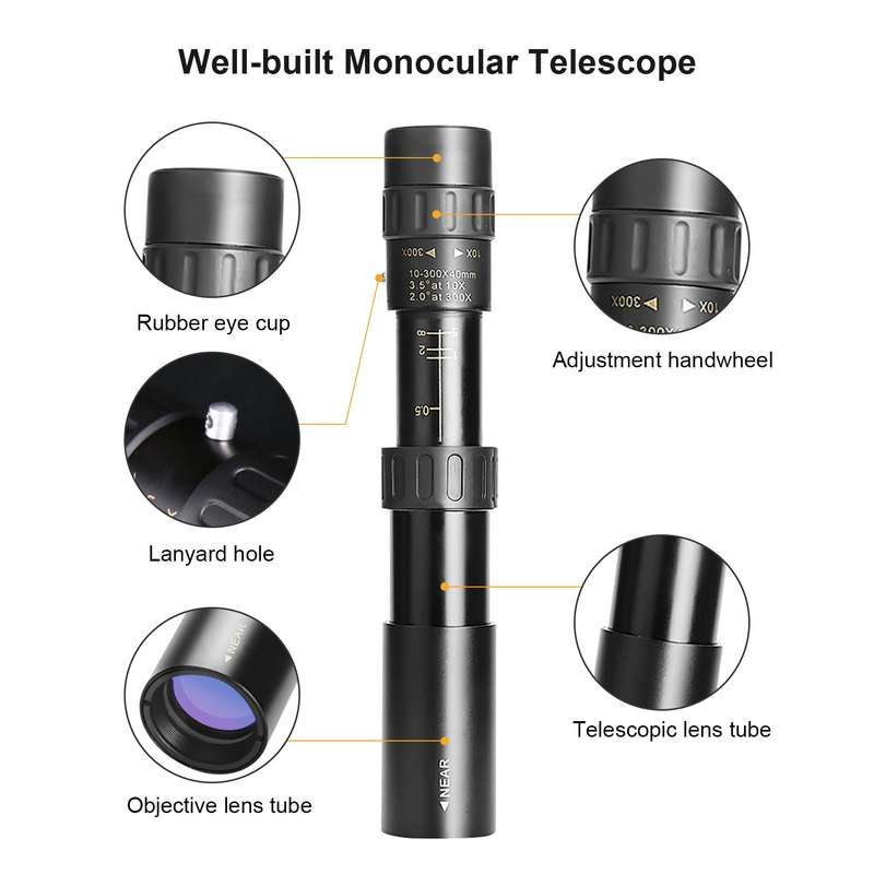 10X-300X Monocular Telescope Compact Waterproof Telescope with FMC Lens BAK4 Prism Carrying Bag Lany