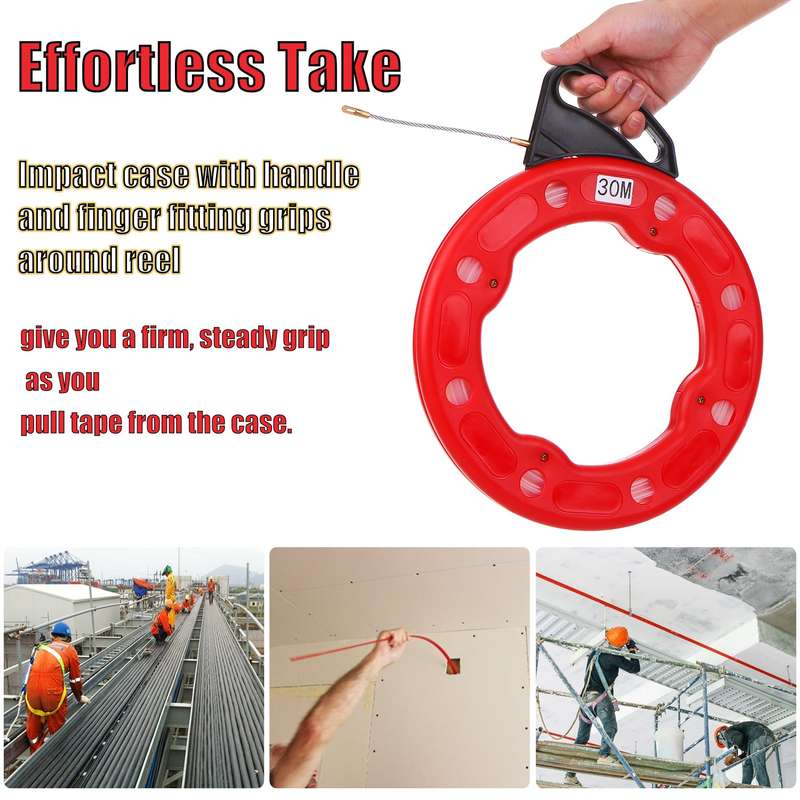 30M Fiberglass Fish Tape Reel Puller Conductive Electrical Cable Puller with Impact Case Electric or