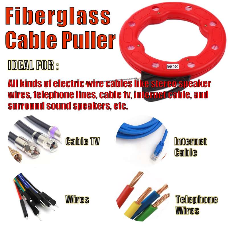 30M Fiberglass Fish Tape Reel Puller Conductive Electrical Cable Puller with Impact Case Electric or