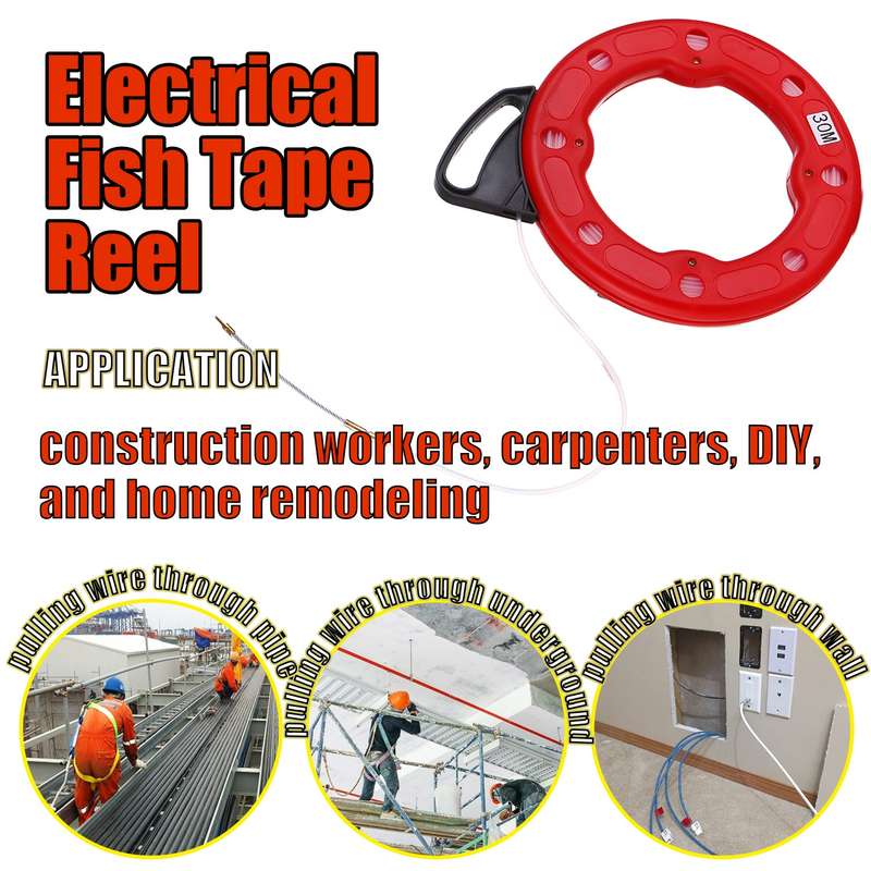 30M Fiberglass Fish Tape Reel Puller Conductive Electrical Cable Puller with Impact Case Electric or