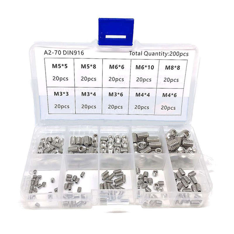 200pcs Hex Grub Screws Kit Set Screws 304 Stainless Steel M3/M4/M5/M6/M8 Grub Screw Assortment