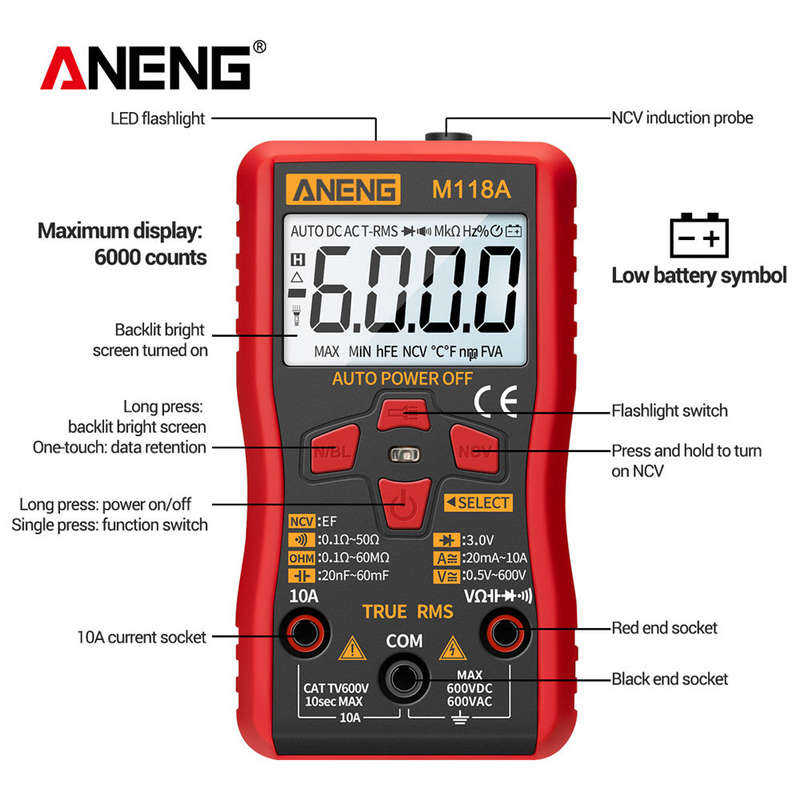ANENG M118A Auto Ranging Digital Multimeter High-Accuracy TRMS 6000 Counts Voltage Current Ohm