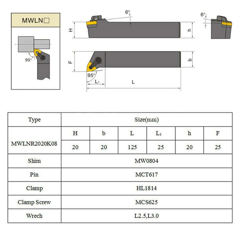 MWLNR2020K08 Holder + 10Pcs WNMG080404 Carbide Inserts + Wrench for Lathe Turning