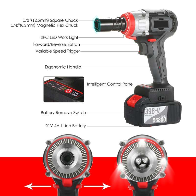 Cordless Impact Wrench Kit Brushless Drill 1/2 & 1/4 Inch Quick Chuck 380Nm Torque Fast Charger 2x4.