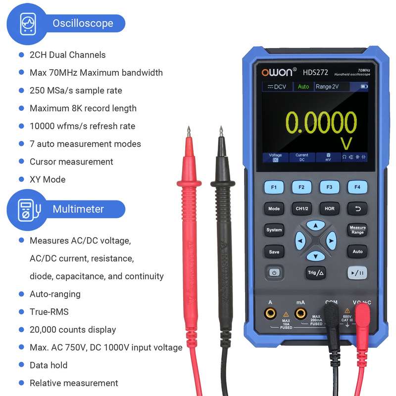 OWON 2-in-1 Handheld Oscilloscope Multimeter 2 Channels Lab Oscilloscope Digital True-RMS Mult