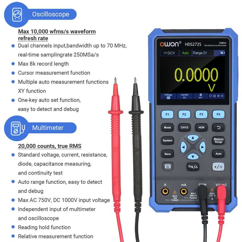 OWON Oscilloscope Multimeter Waveform Generator HDS272S 2CH 70MHz Bandwidth 20000 Counts 3-in-