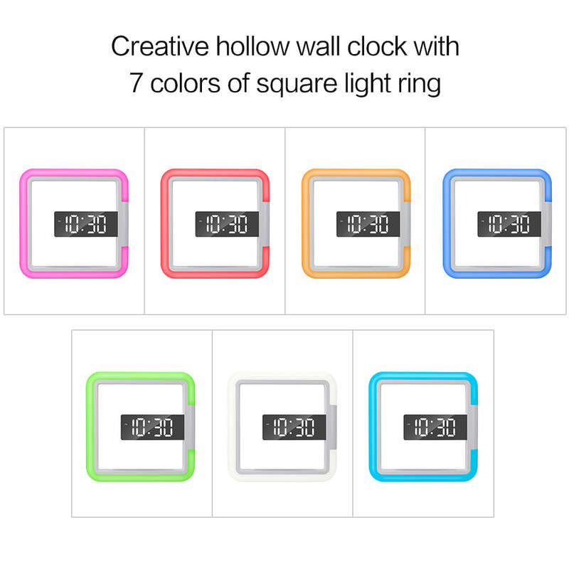 RGB Sqaure Mirror Wall Clock Hollow LED Clock Wall Mounted Clock Digital Alarm Clock Snooze Te
