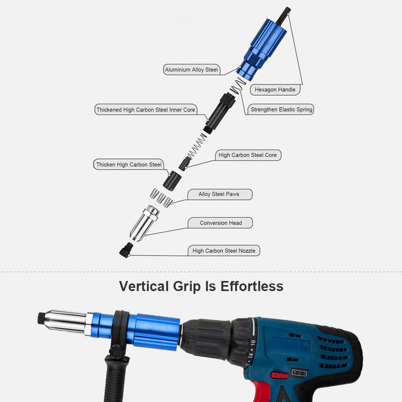 Rivet Gun Adapter for Electric Drill Cordless Riveting Tool with Wrench Detachable Handle 3/32'' 1/8
