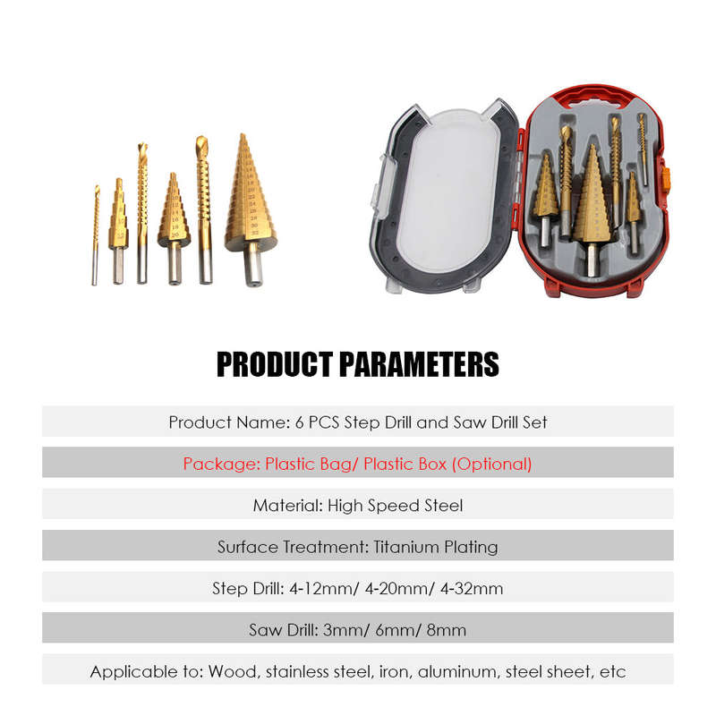 6 PCS Step Drill Bit and Saw Drill Set HSS Drill Bits for Sheet Aluminum Iron Metal Stainless Steel